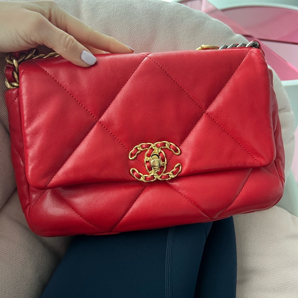 Chanel 19 Red Quilted Shoulder Bag with Gold Chain
